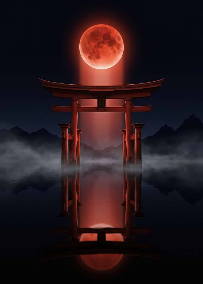 Red Moon Over Japanese Torii