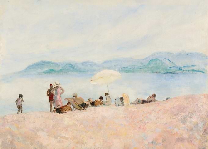 Beach Scene with Figures and Distant Mountains
