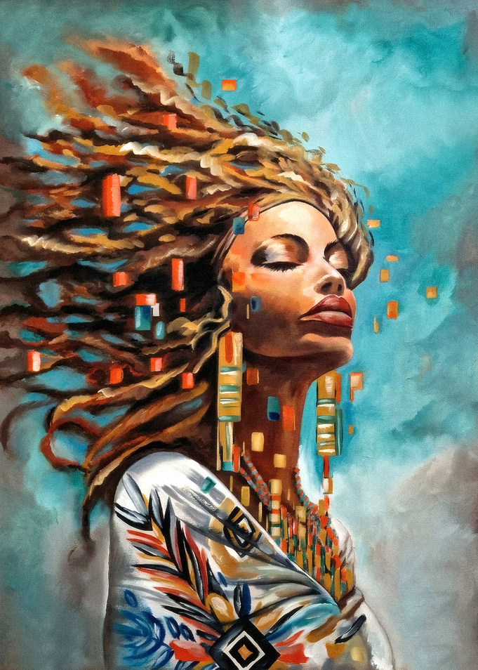 Woman oil painting with flowing dreadlocks and colorful attire