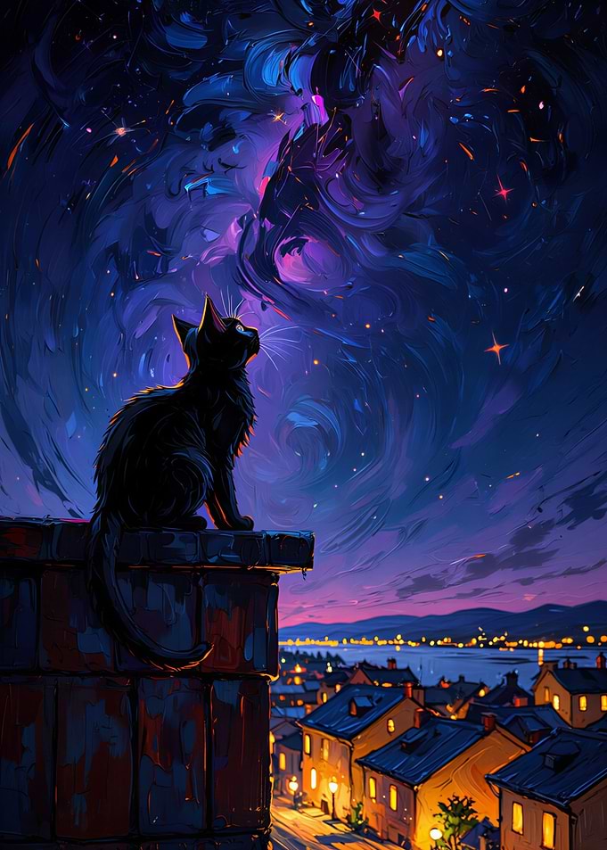 Black Cat Gazing at Starry Sky