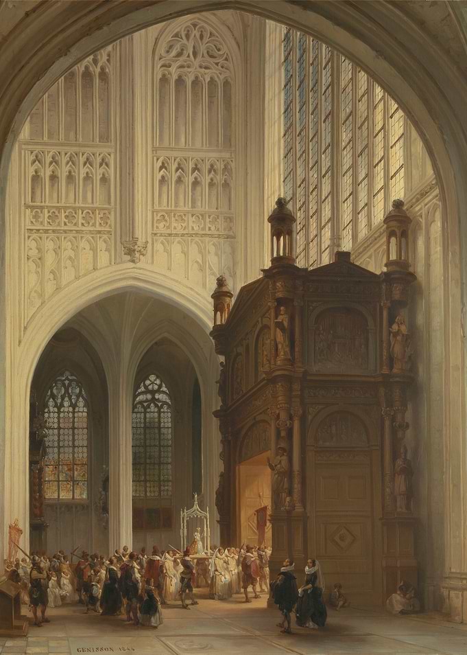 Gothic Cathedral Interior with Procession