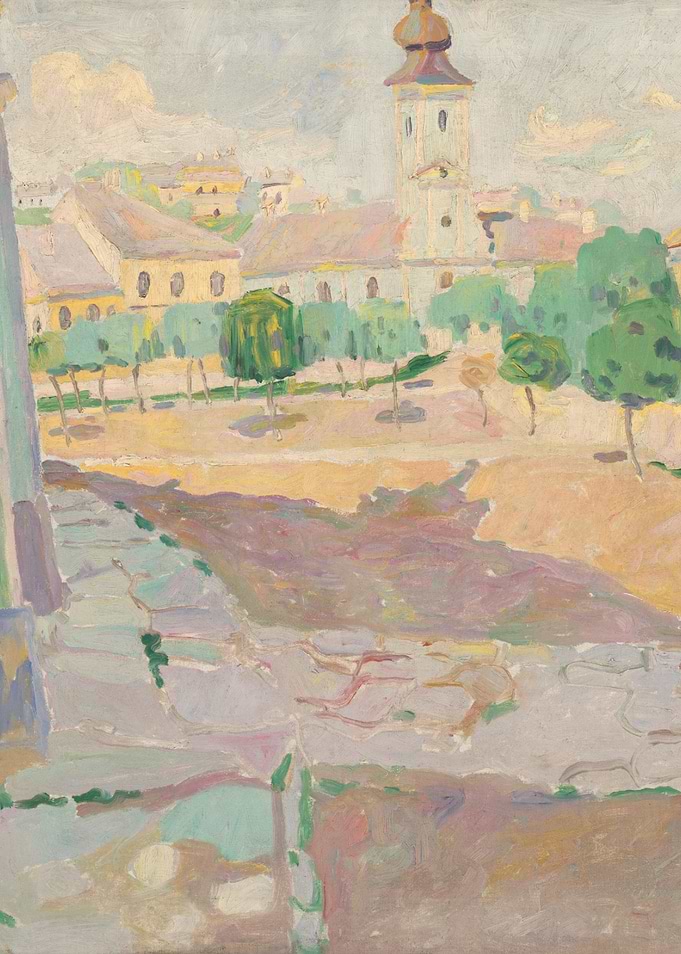 Impressionist painting of a European town square