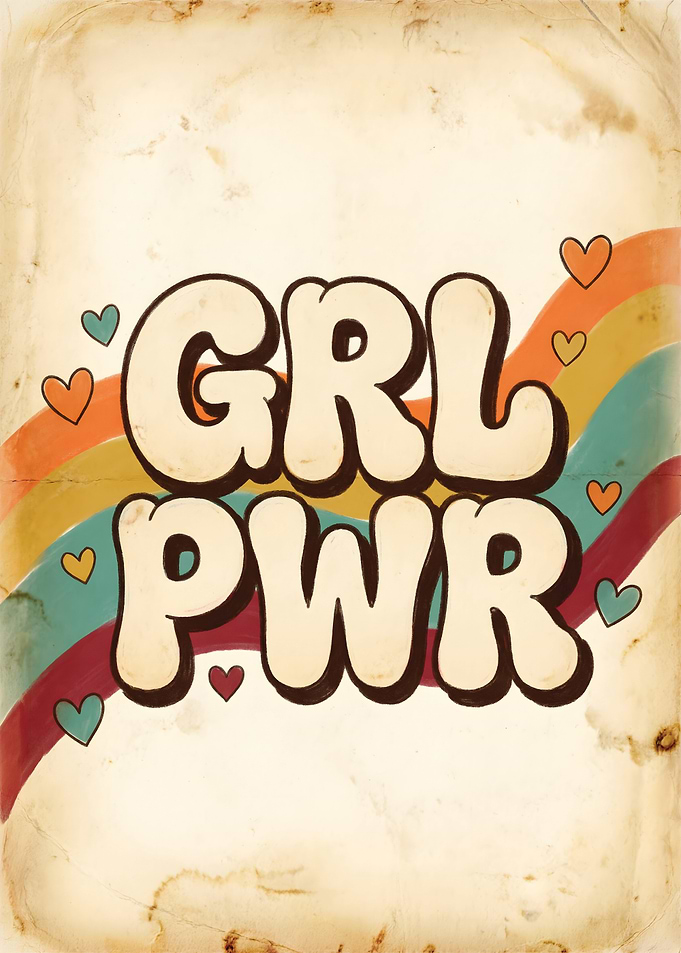 Retro Girl Power with Rainbow and Hearts