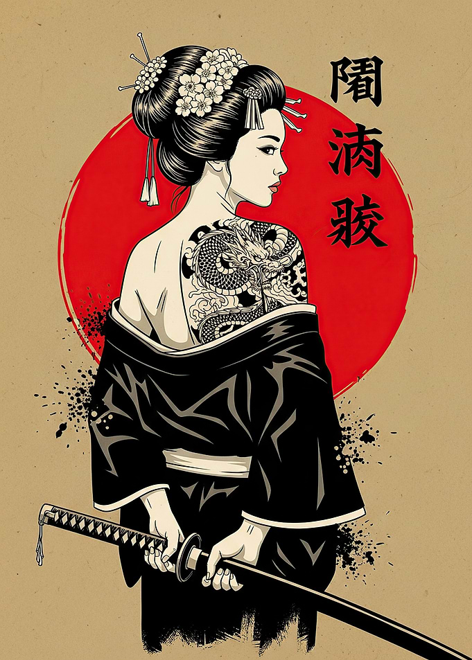 Geisha with Dragon Tattoo and Katana