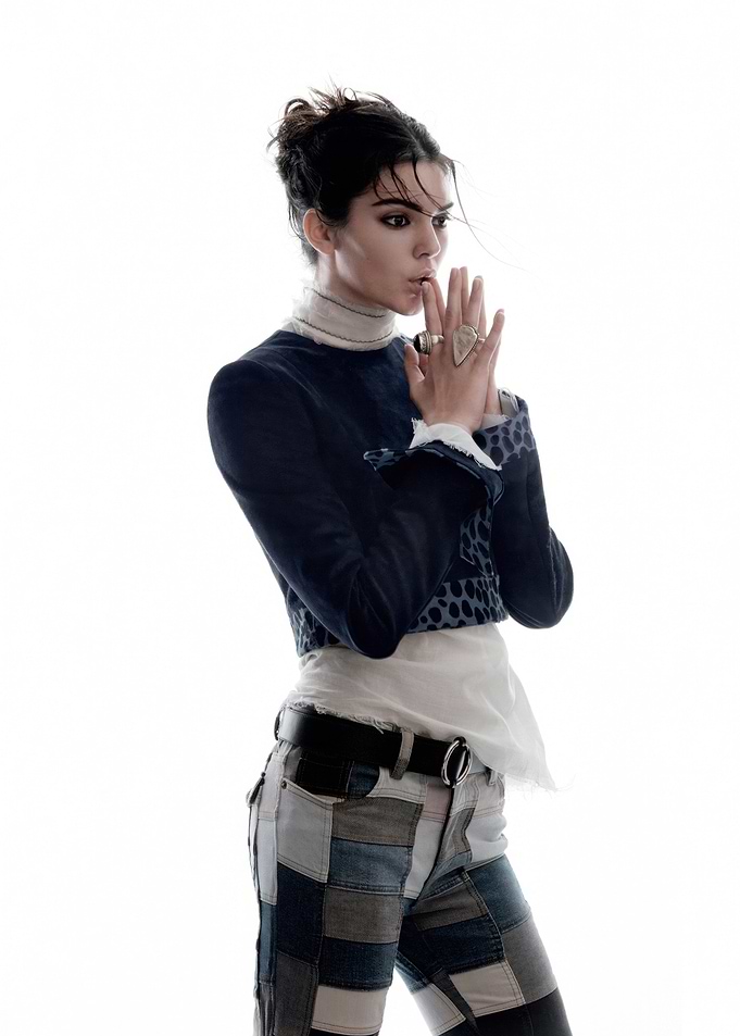 Kendall Jenner in Patchwork Jeans and Blue Jacket