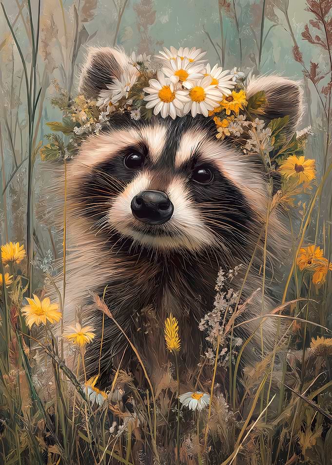 Raccoon Wearing a Flower Crown
