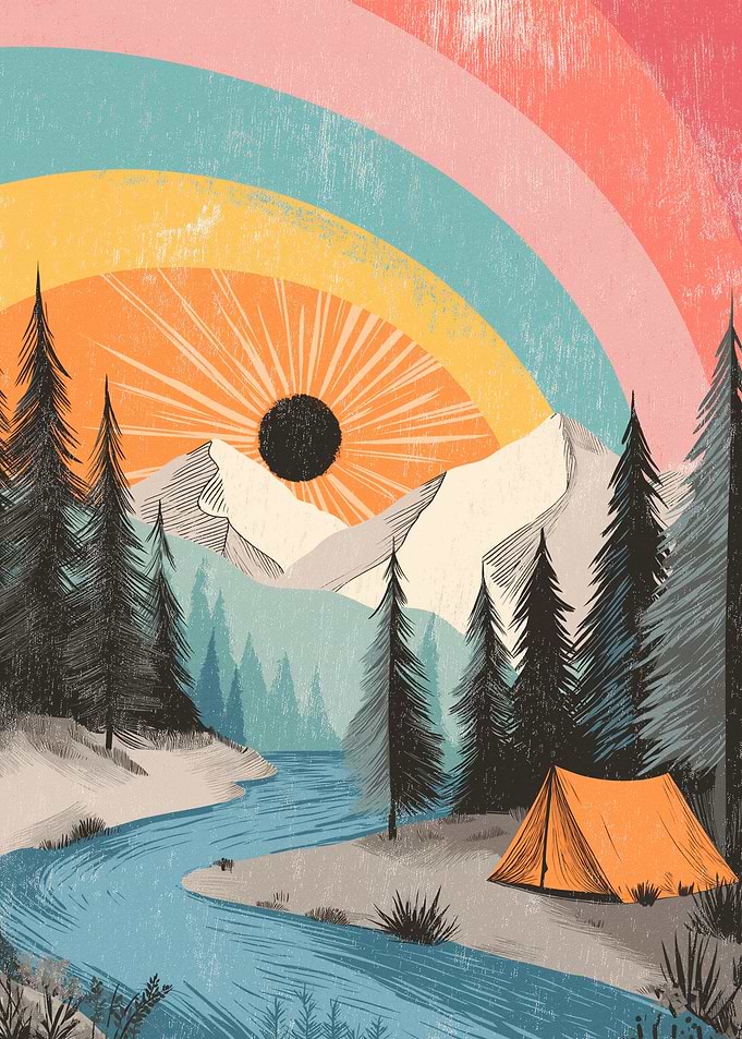 Retro Mountain Landscape with Tent and Rainbow