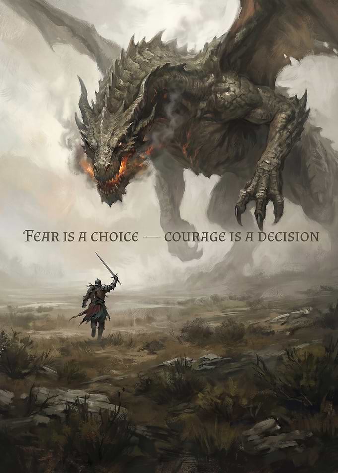 Dragon vs Knight with Inspirational Quote