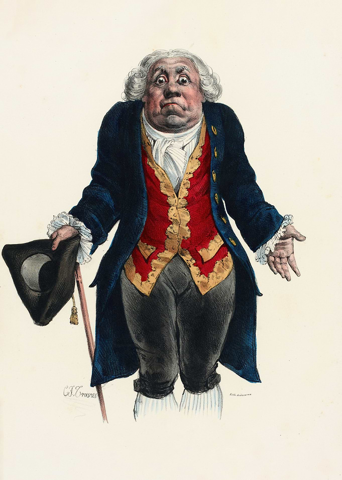 Caricature of a portly man in historical attire