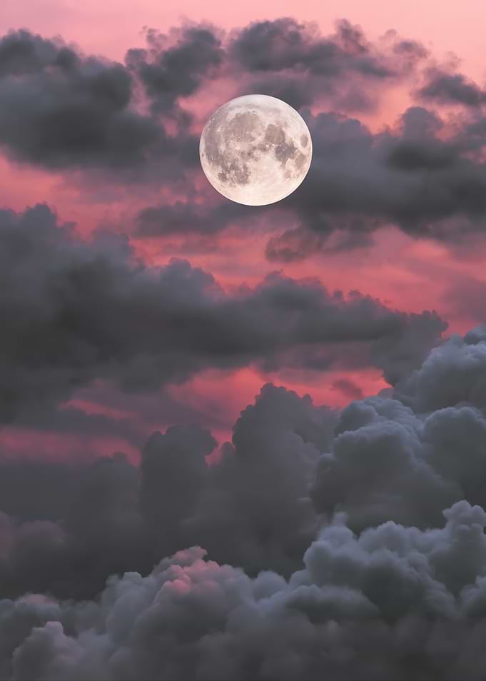 Full Moon in Pink and Gray Clouds