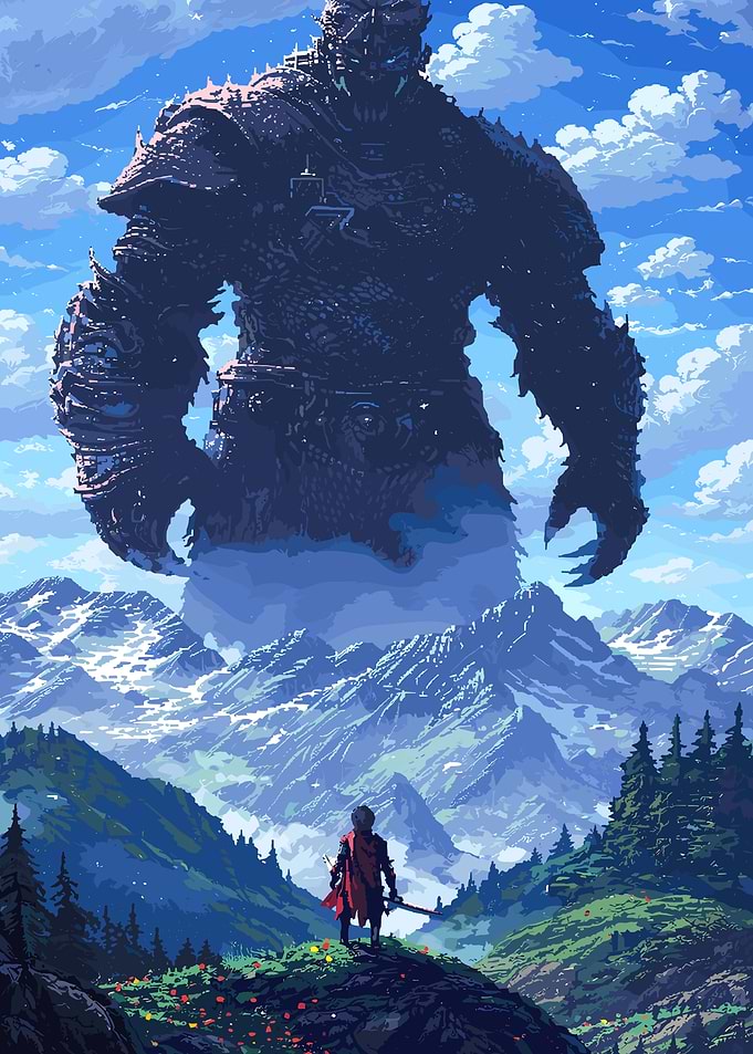Giant Warrior Facing Mountain Landscape