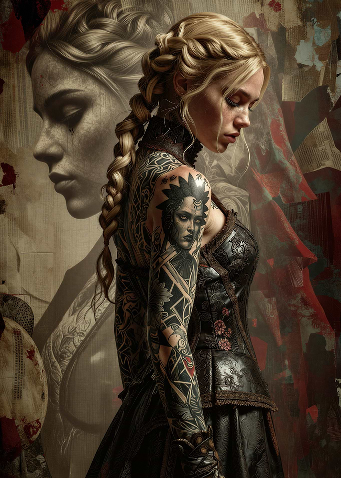 Tattooed Warrior Woman with Braided Hair