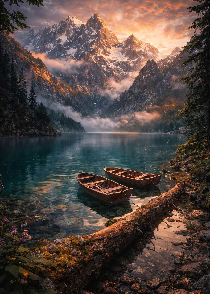 Mountain Lake with Boats at Sunset