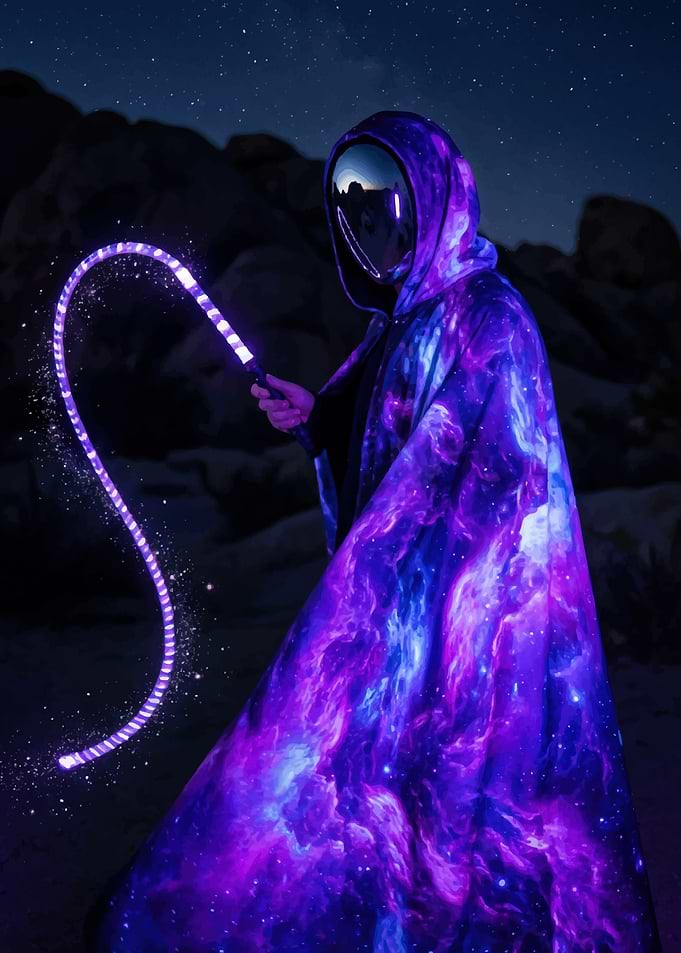 Cosmic Cloaked Figure with Light Whip