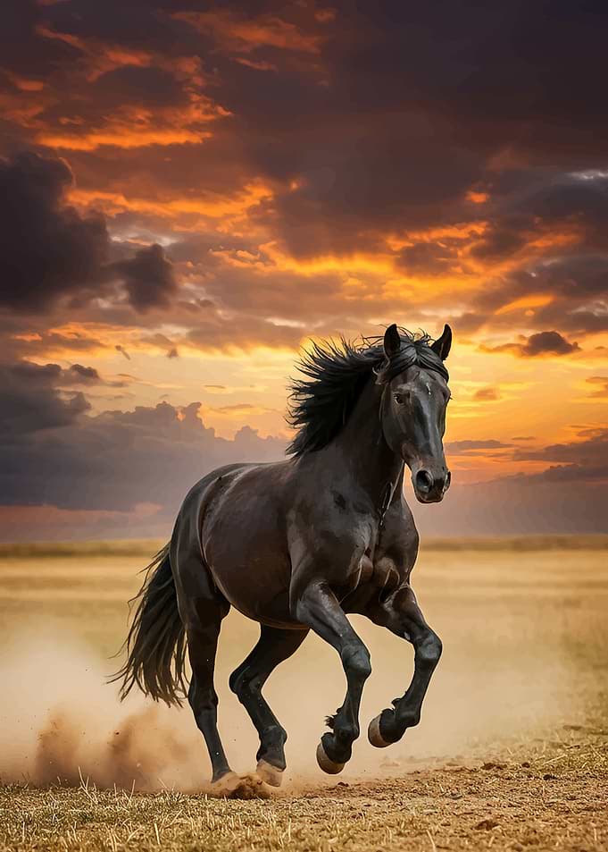 Black Horse Running at Sunset