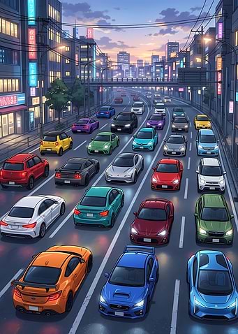 Anime City Traffic Jam at Dusk
