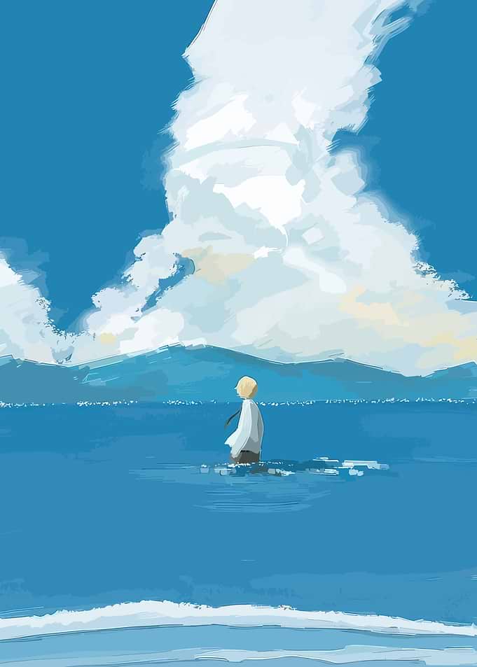 Person standing in water with mountains and clouds