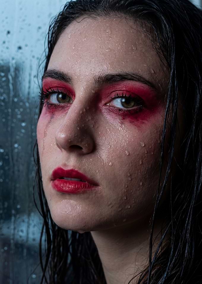 Woman with dramatic red makeup and water droplets