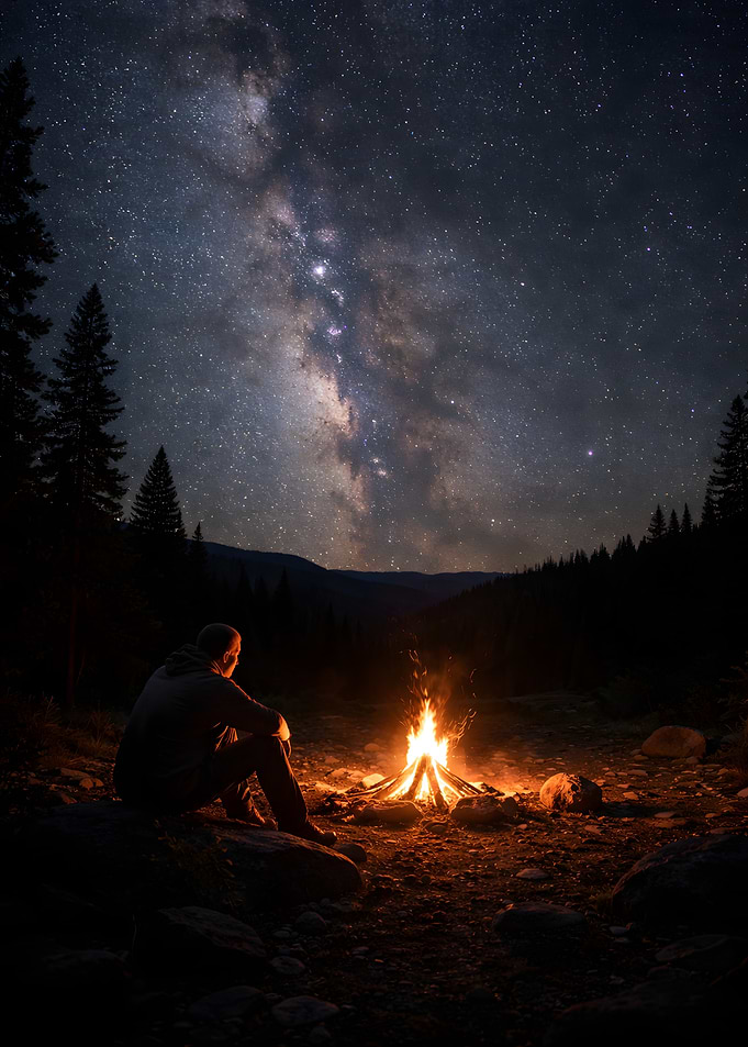 Man by campfire under Milky Way