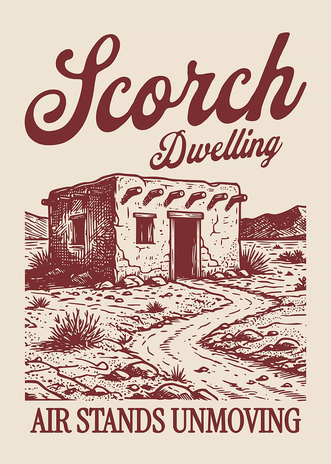 Scorch Dwelling Desert Poster, Vintage Engraving House Print, Rustic Landscape Art