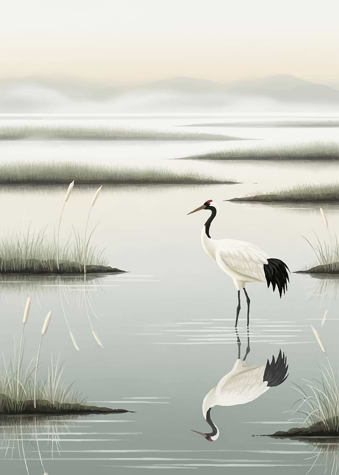 Red-crowned Crane in a Misty Wetland