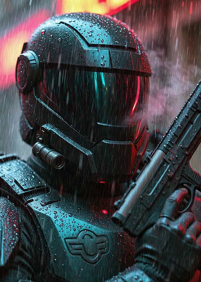 Cyberpunk Soldier in Rain