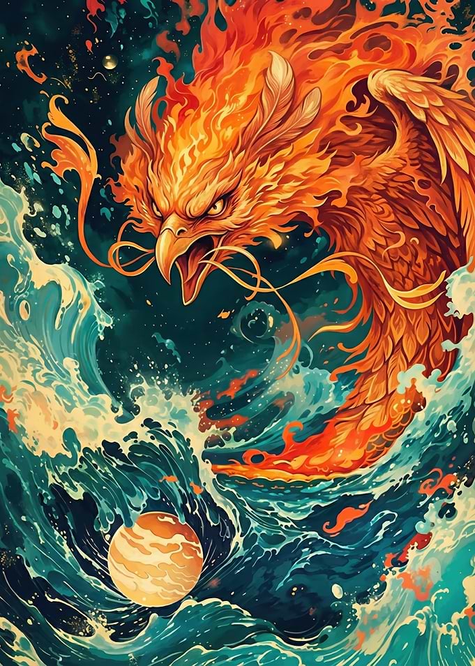 Fiery Phoenix Over Turbulent Seas