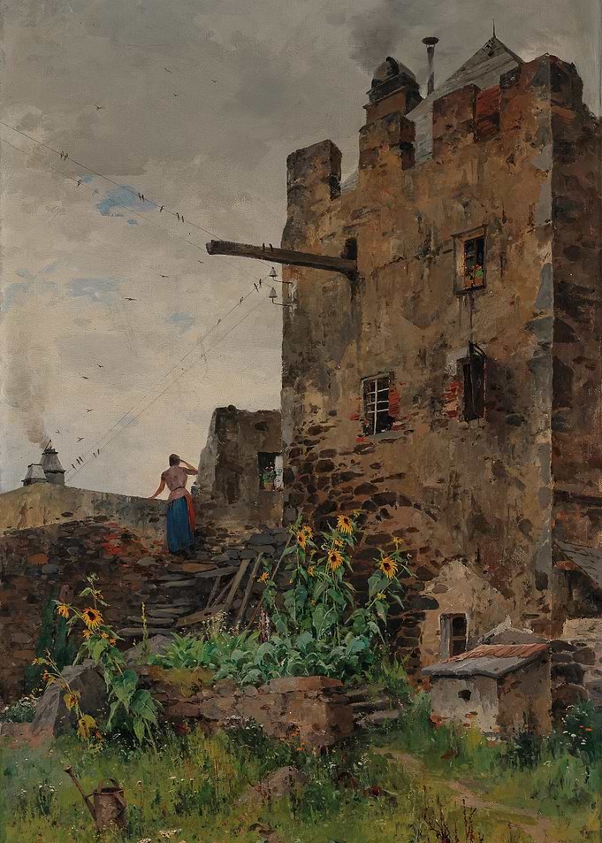 Woman on a Ruined Balcony with Sunflowers