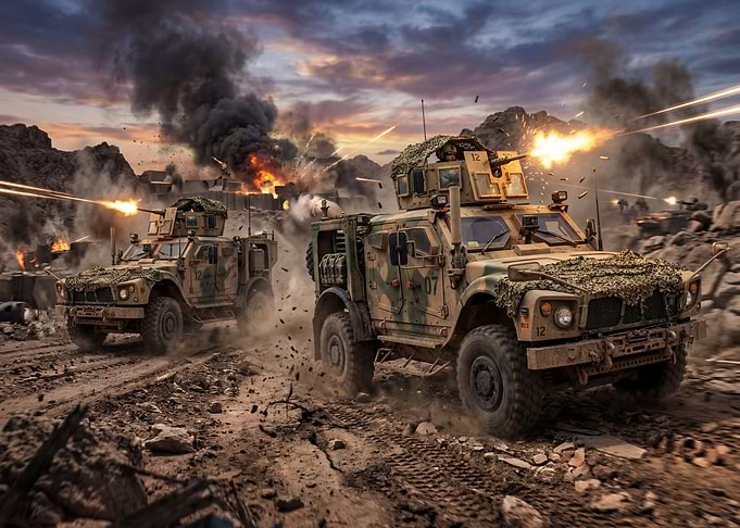 Military vehicles in combat