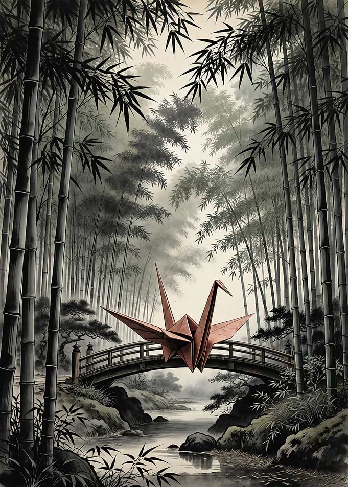 Origami Crane on a Bridge in Bamboo Forest