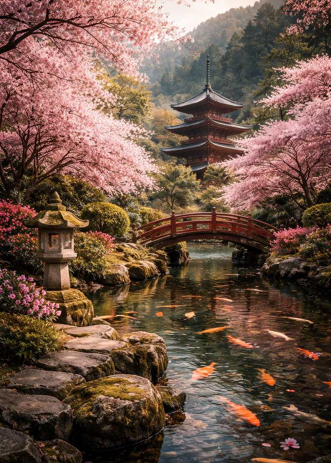 Japanese Garden with Pagoda and Koi Pond