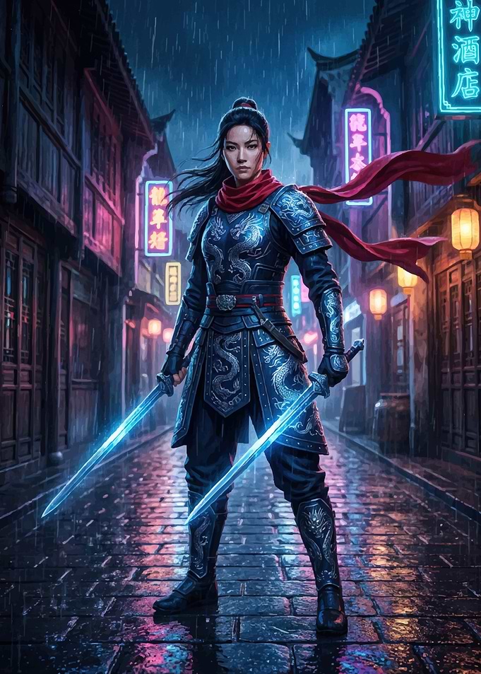 Warrior Woman in Neon City