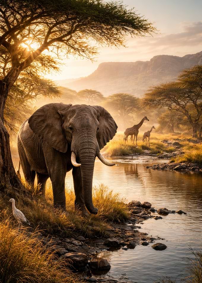 Elephant and Giraffes in African Savannah