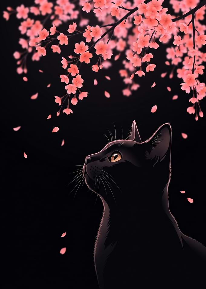 Black Cat Under Cherry Blossoms