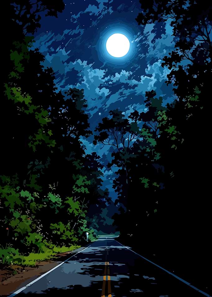 Moonlit Road Through Forest