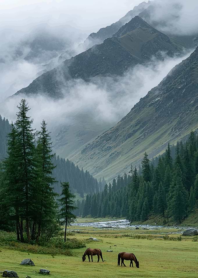 Horses grazing in a misty mountain valley