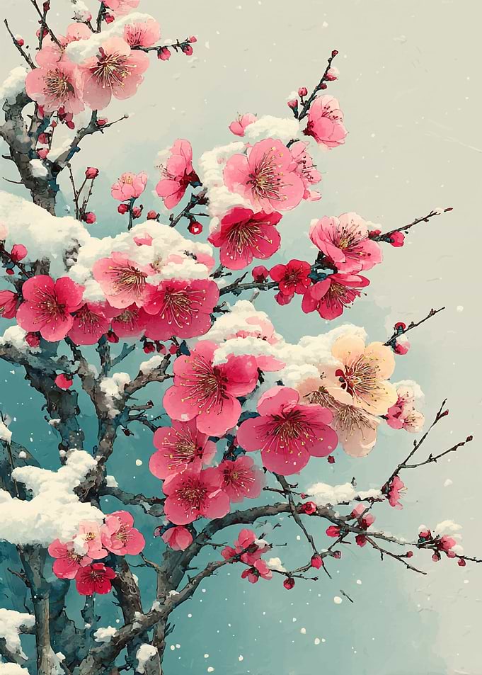 Pink Cherry Blossoms in Snow