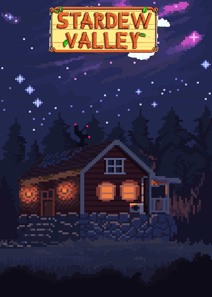 Stardew Valley pixel art cabin at night
