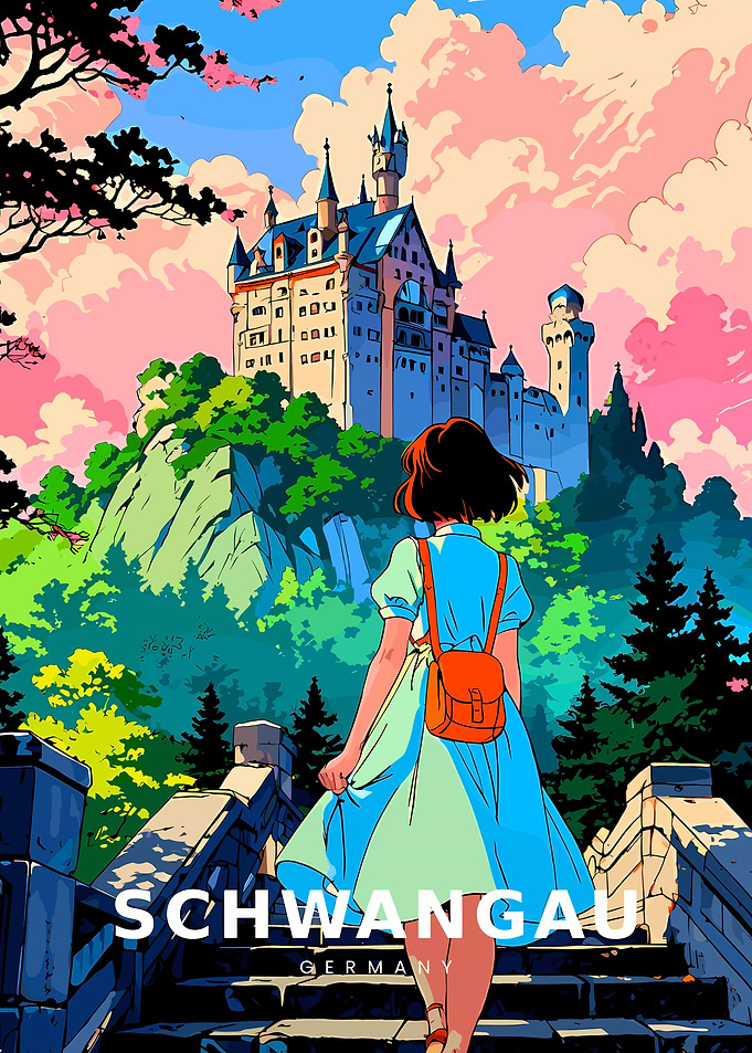 Anime Style Schwangau Castle Travel Poster
