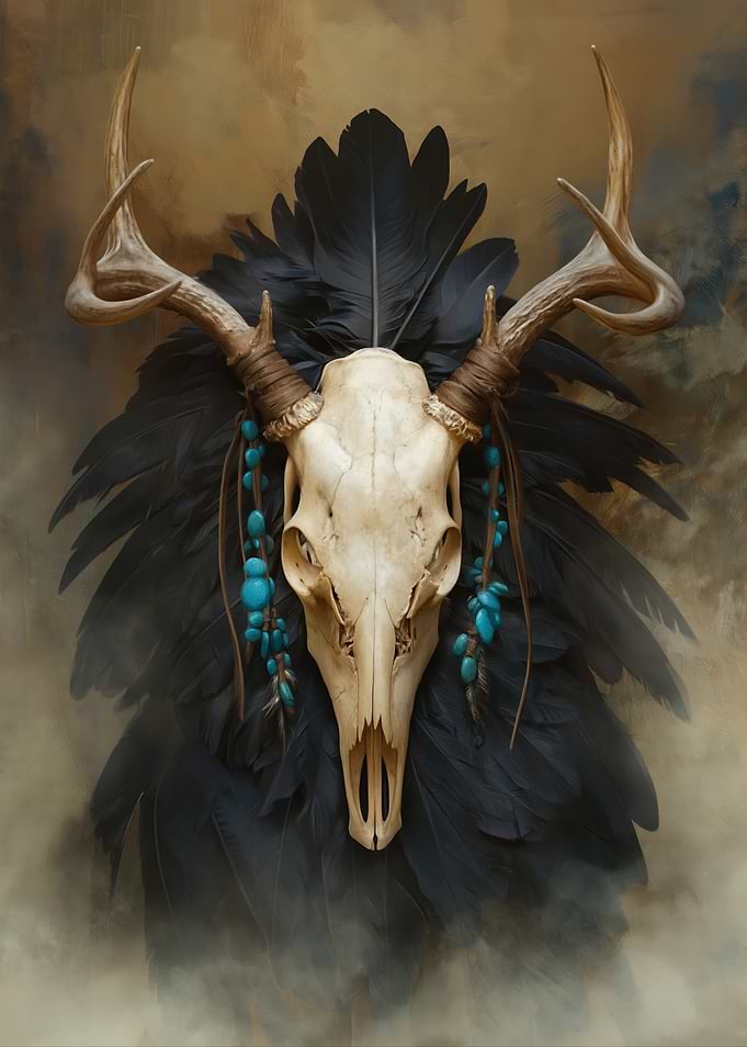 Deer Skull with Antlers and Feathers