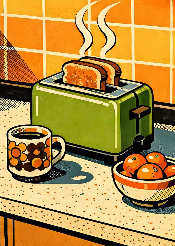 Retro Breakfast Scene with Toaster and Coffee