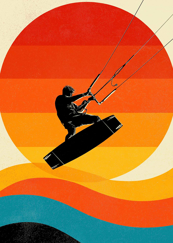 Kitesurfer silhouetted against a retro sunset