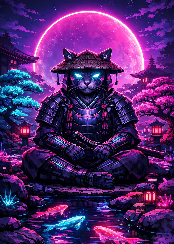 Samurai Cat in Neon Japanese Garden