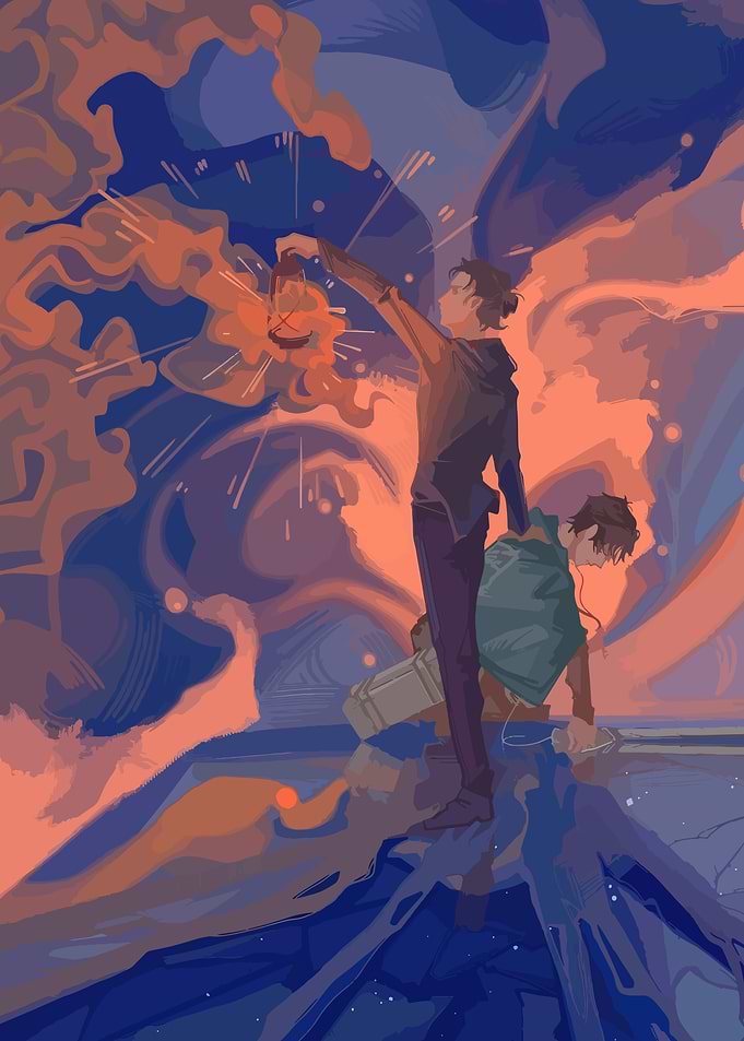 Two figures in a surreal, fiery landscape