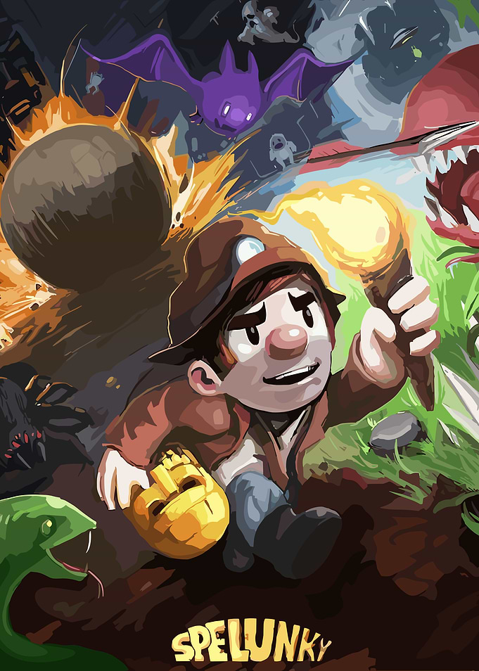 Spelunky Game Art with Miner and Monsters