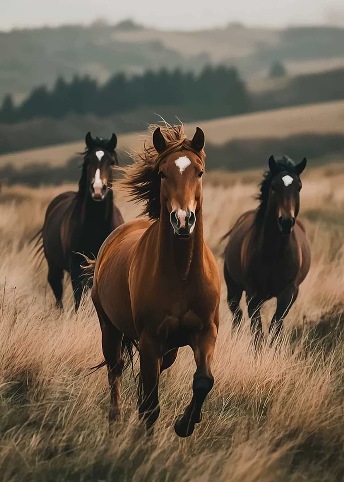 Three horses running in a field
