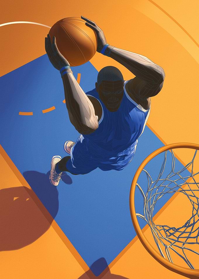 Basketball player dunking over hoop
