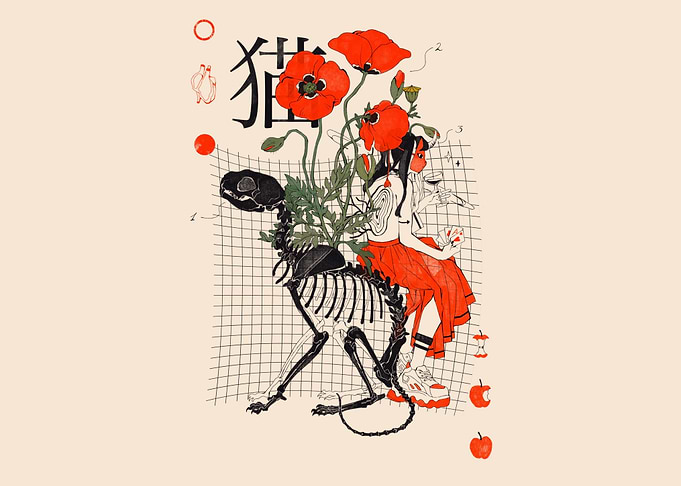 Skeleton Cat with Poppies and Girl
