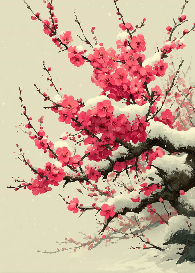Pink Cherry Blossoms in Snow