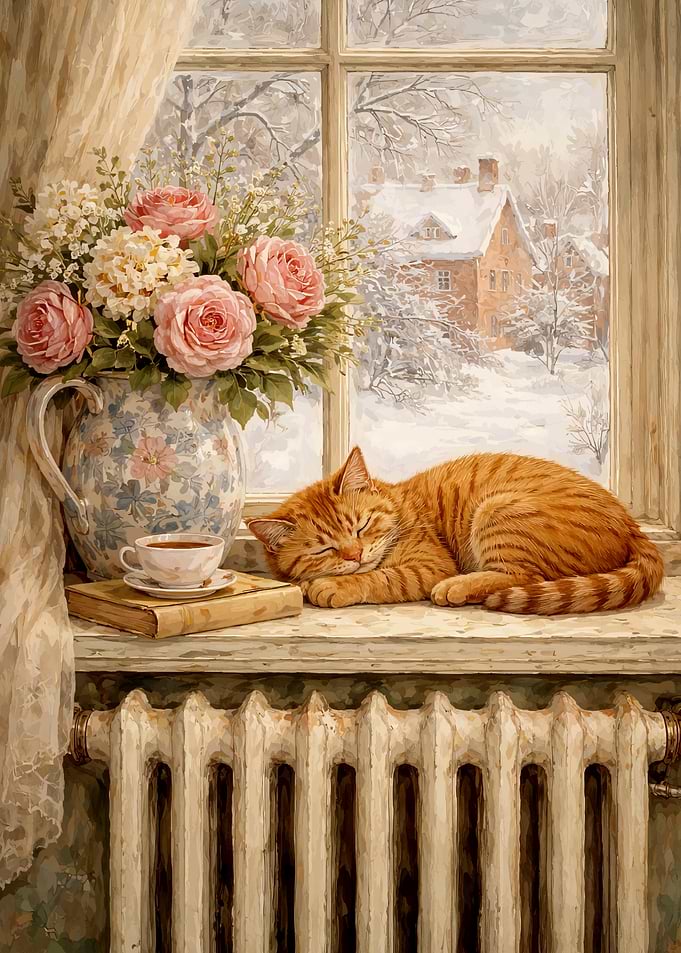 Cozy Winter Window Scene with Sleeping Cat